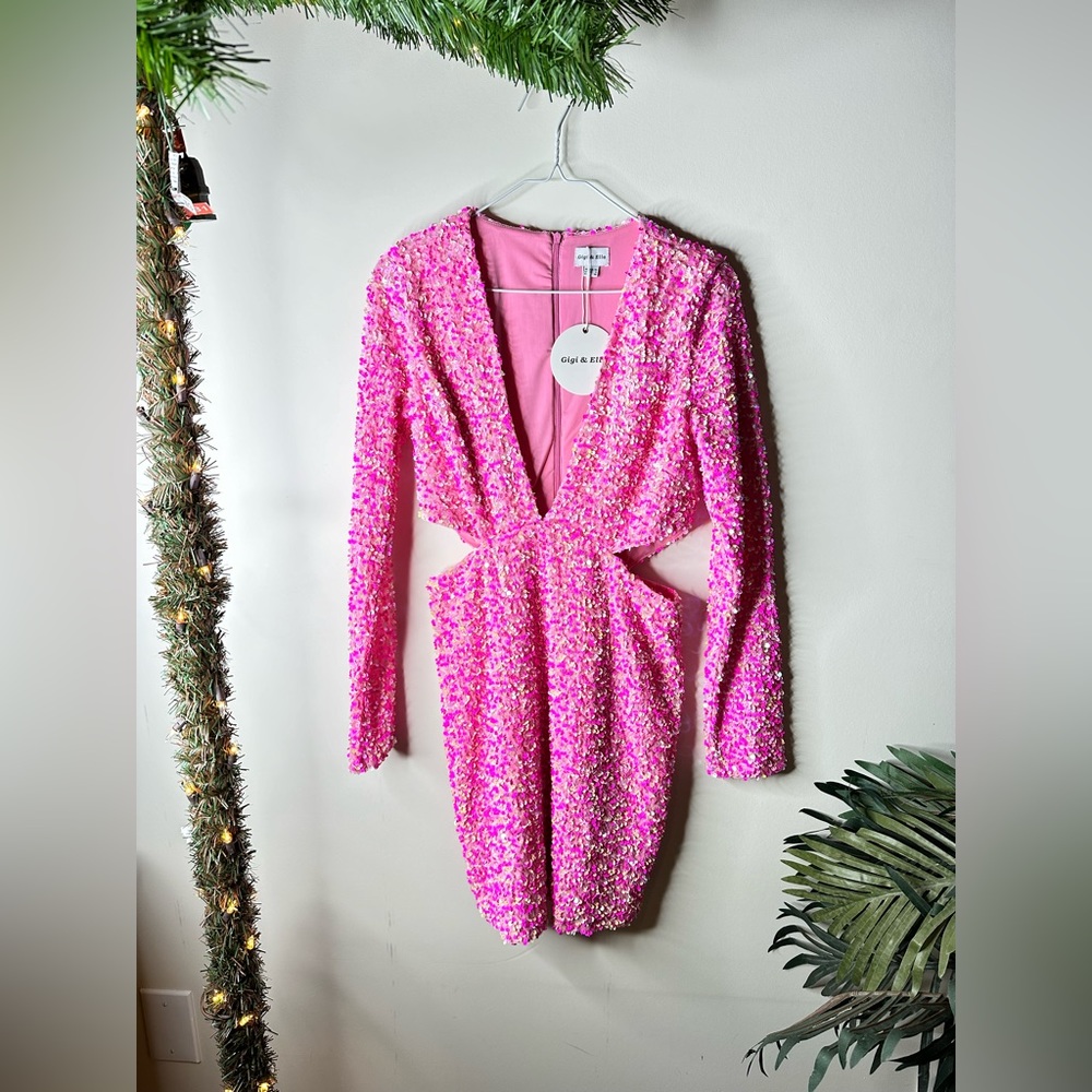 NWT Pink Sequin Plunge Cutout Mini Dress